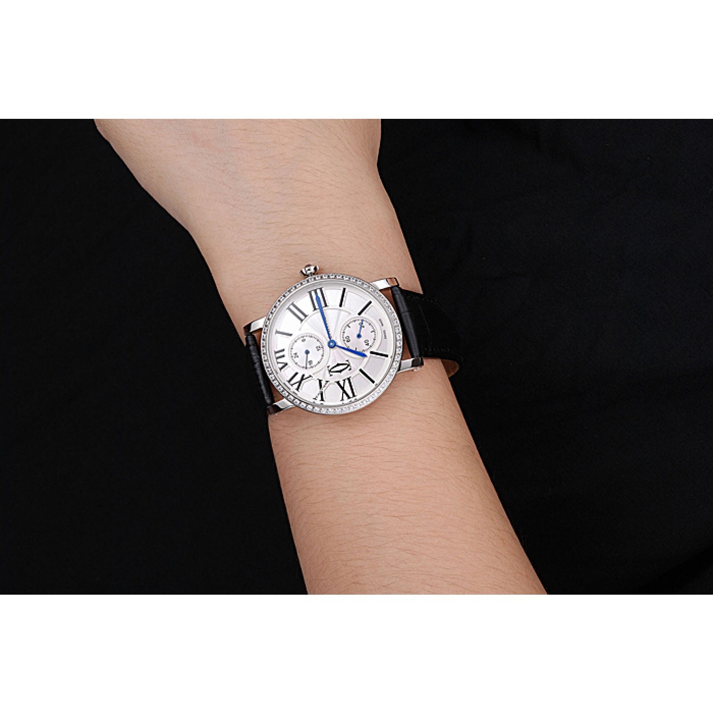 MiroTime Cartier Ronde Second Time Zone White Dial Stainless Steel Case With Diamonds Black Leather Strap 622804