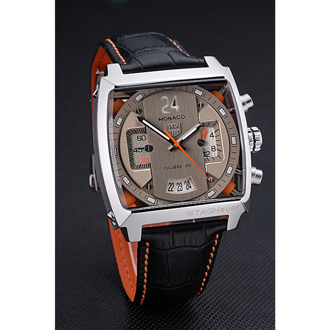 MiroTime Tag Heuer Monaco 24 Calibre 36 Chronograph Gold And Beige Dial Black Leather Strap 622274