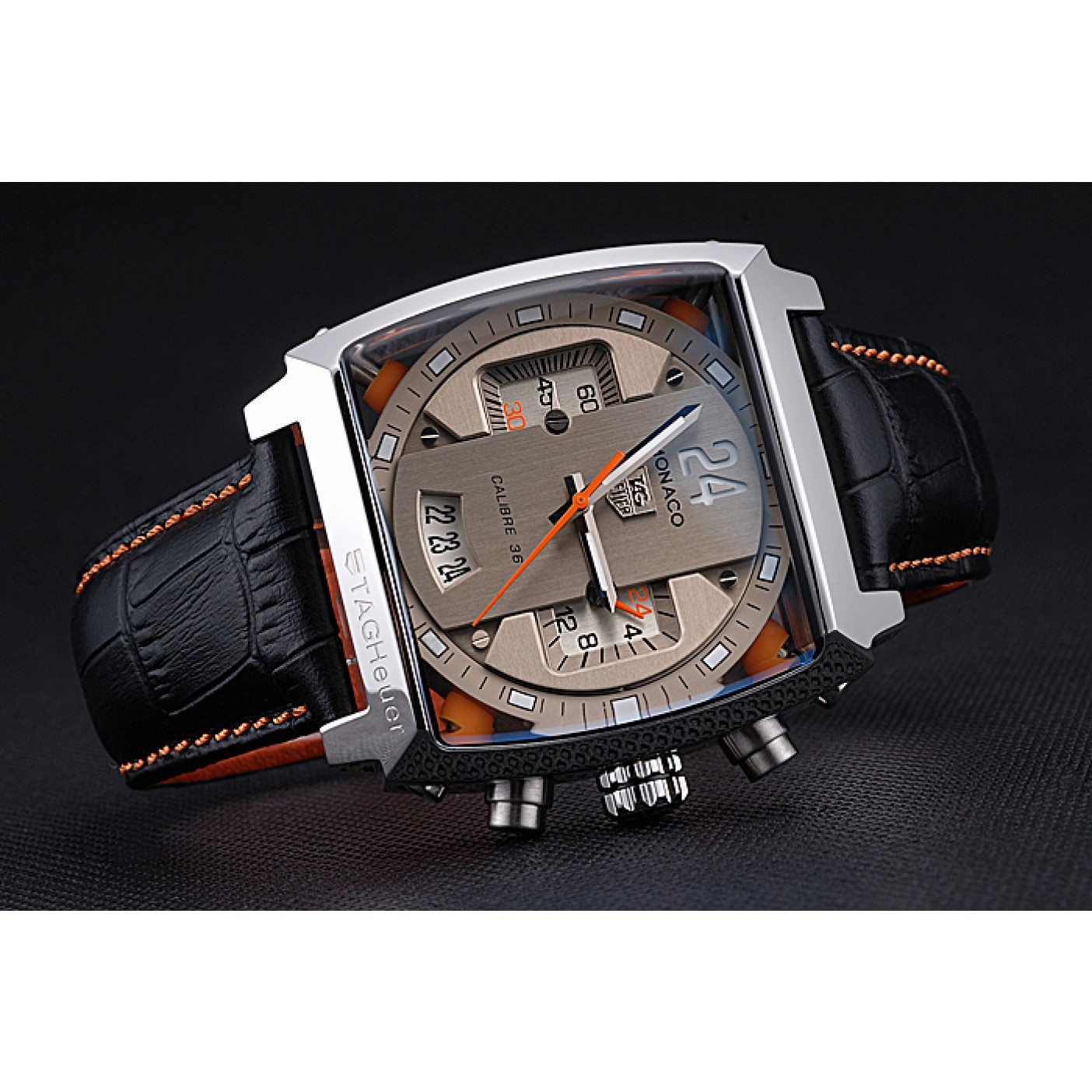 MiroTime Tag Heuer Monaco 24 Calibre 36 Chronograph Gold And Beige Dial Black Leather Strap 622274