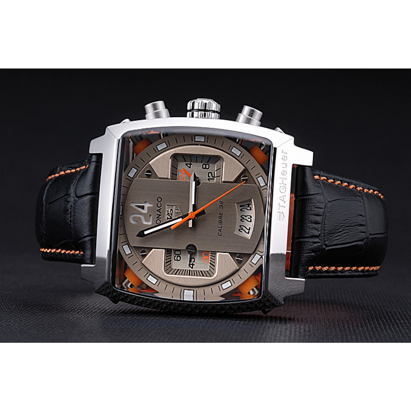 MiroTime Tag Heuer Monaco 24 Calibre 36 Chronograph Gold And Beige Dial Black Leather Strap 622274