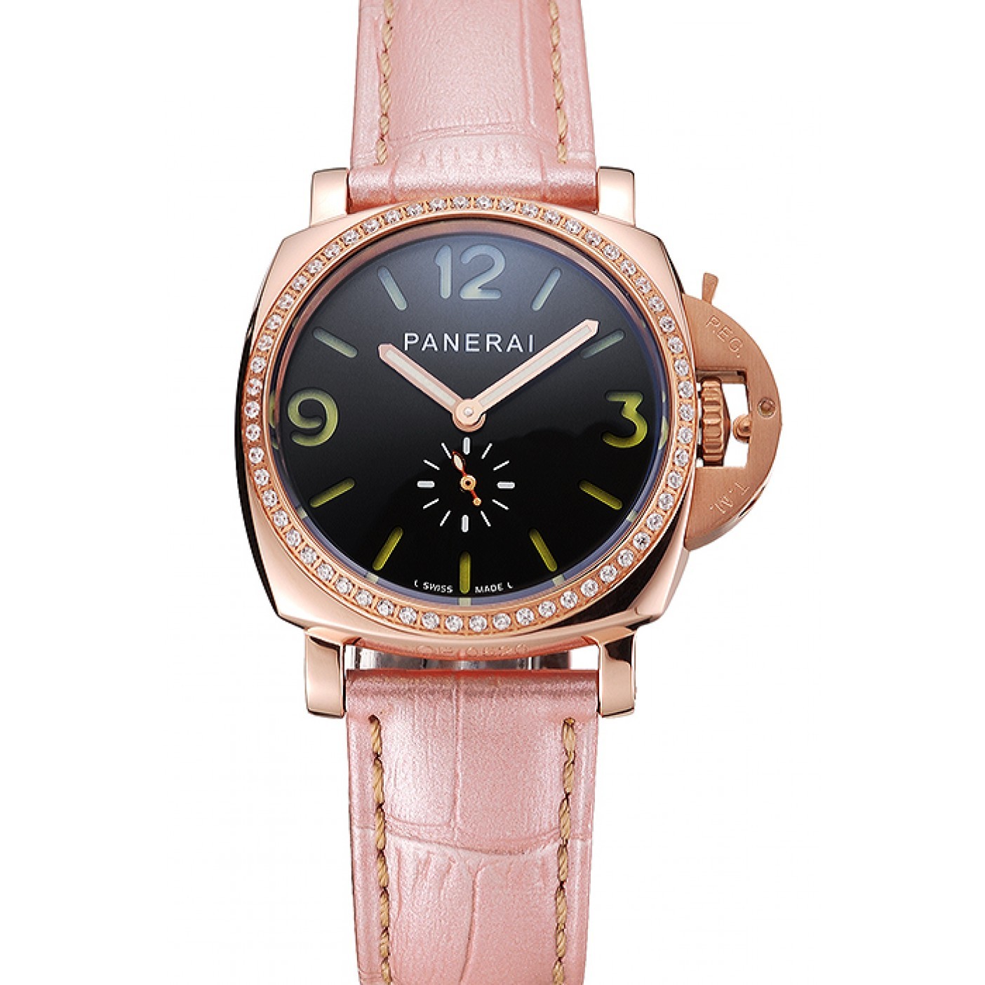 MiroTime Panerai Radiomir Black Dial Diamond Bezel Rose Gold Case Pink Leather Strap 1453801