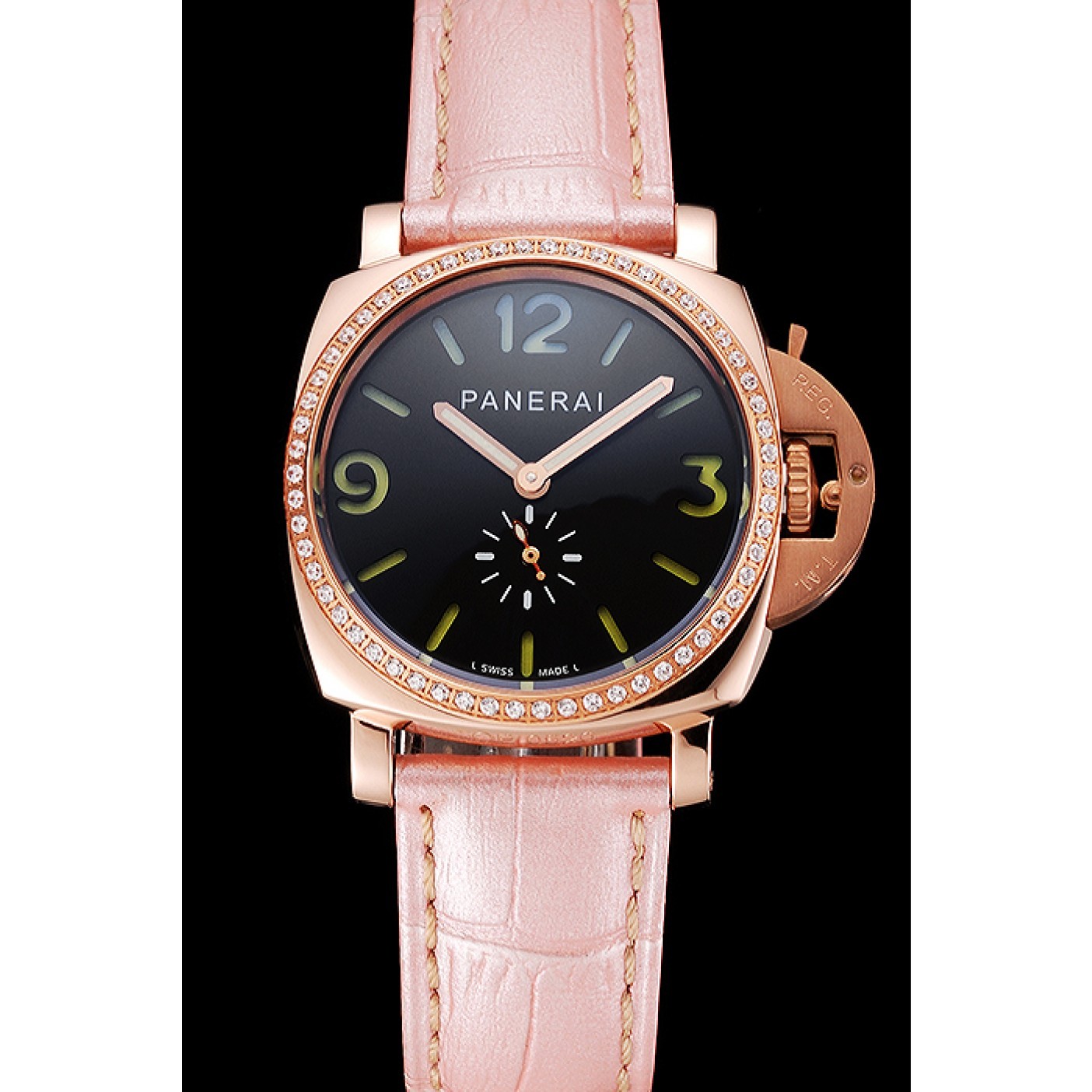 MiroTime Panerai Radiomir Black Dial Diamond Bezel Rose Gold Case Pink Leather Strap 1453801