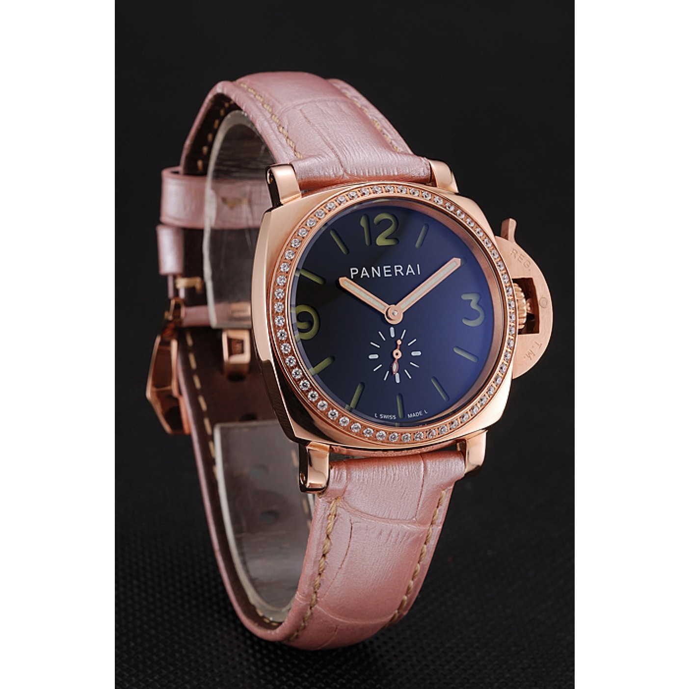 MiroTime Panerai Radiomir Black Dial Diamond Bezel Rose Gold Case Pink Leather Strap 1453801