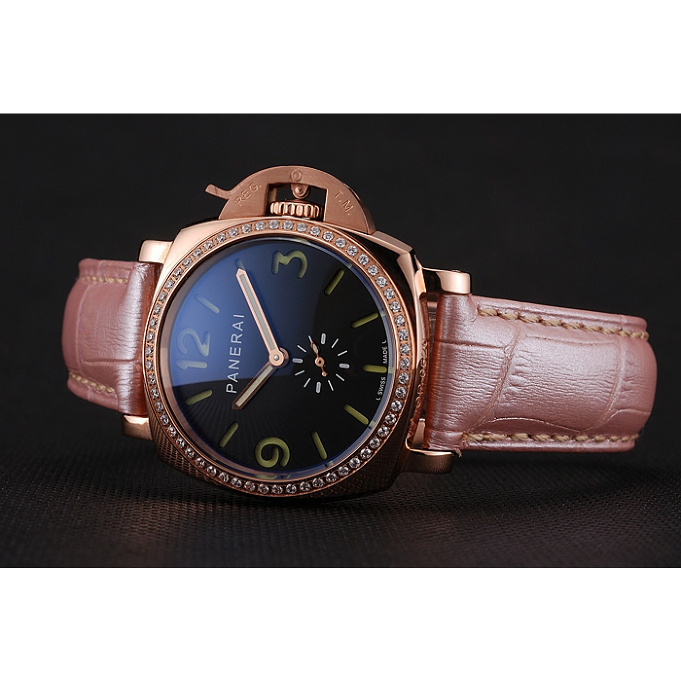 MiroTime Panerai Radiomir Black Dial Diamond Bezel Rose Gold Case Pink Leather Strap 1453801