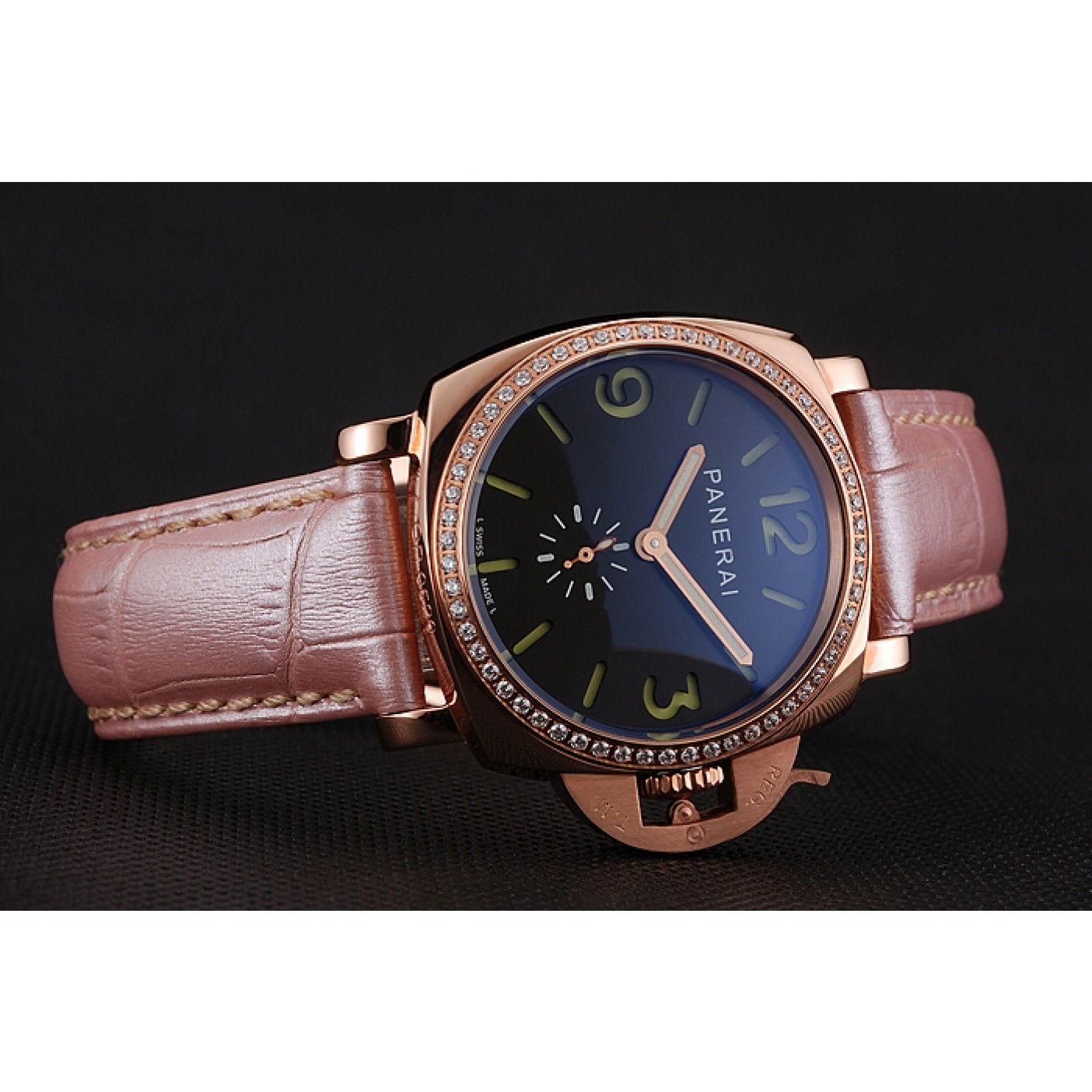 MiroTime Panerai Radiomir Black Dial Diamond Bezel Rose Gold Case Pink Leather Strap 1453801