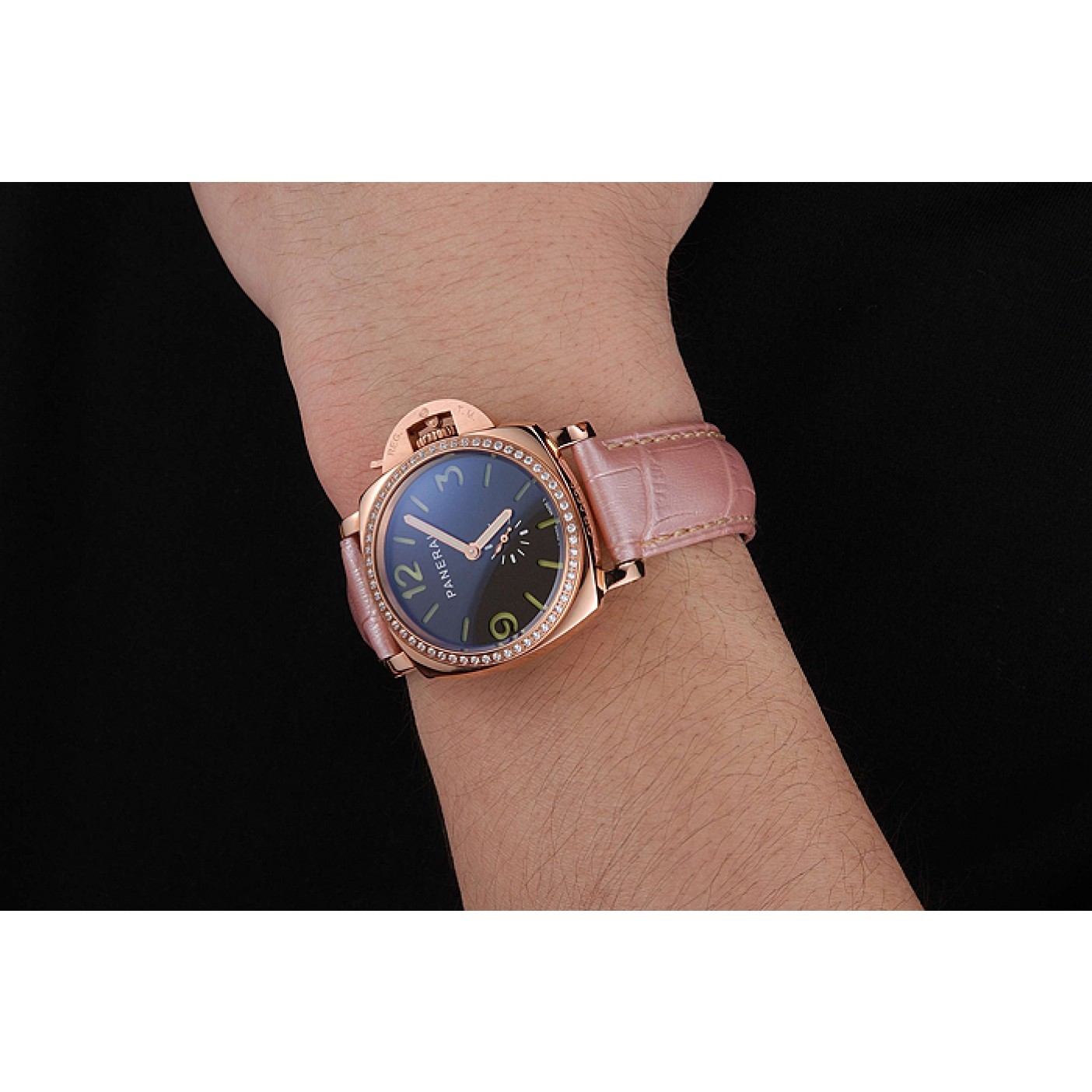 MiroTime Panerai Radiomir Black Dial Diamond Bezel Rose Gold Case Pink Leather Strap 1453801