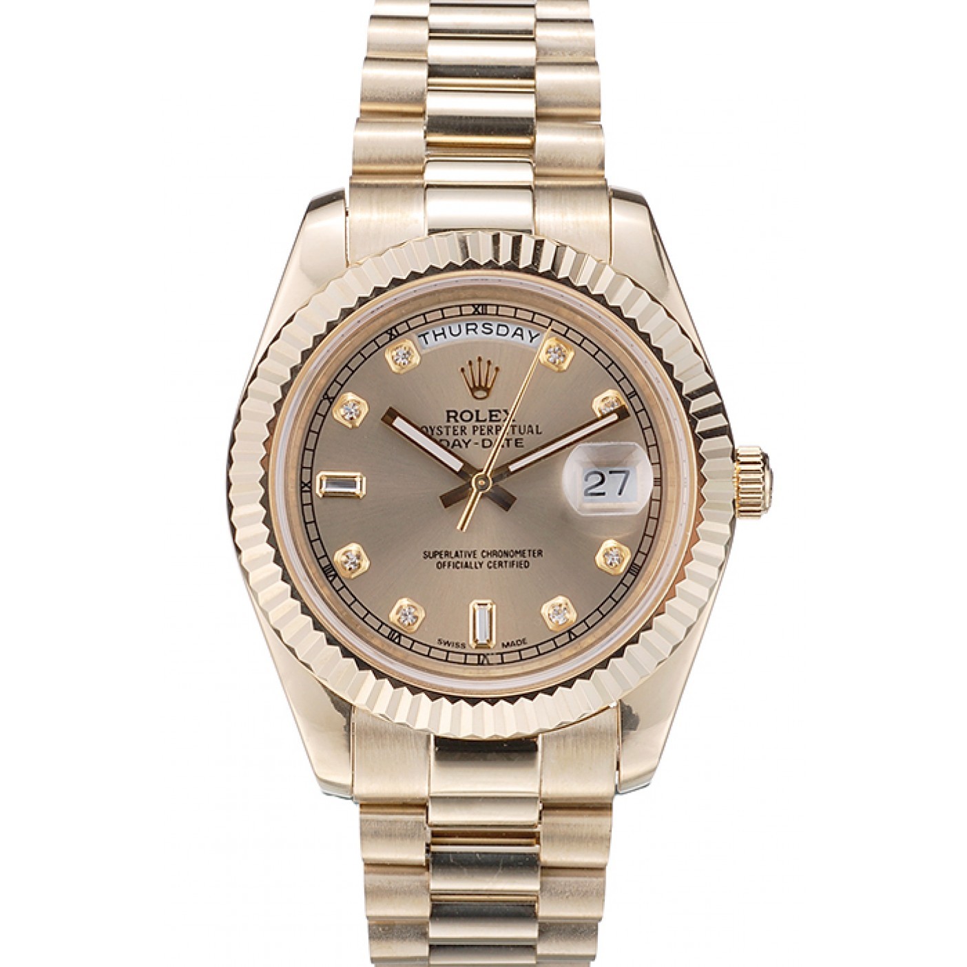 MiroTime Rolex Swiss DayDate Gold Stainless Steel Ribbed Bezel Gold Dial 41997