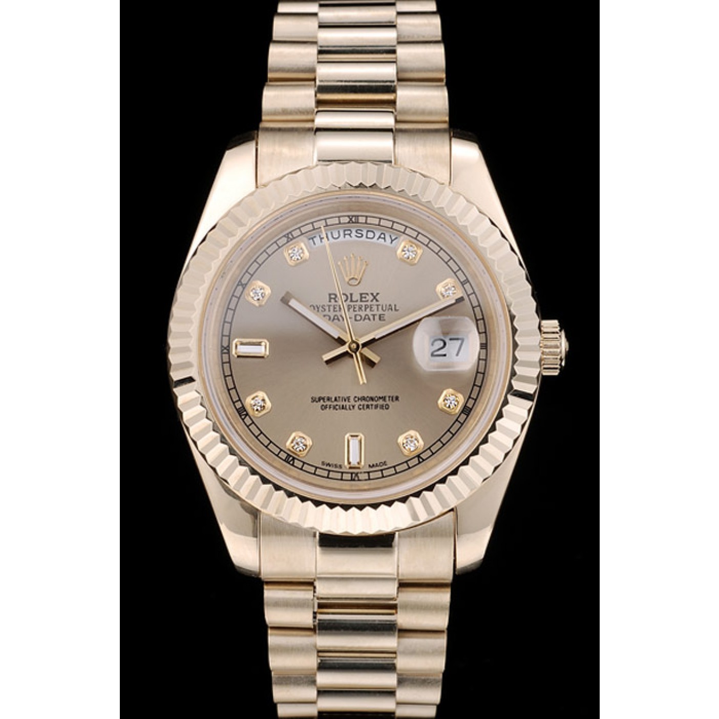 MiroTime Rolex Swiss DayDate Gold Stainless Steel Ribbed Bezel Gold Dial 41997