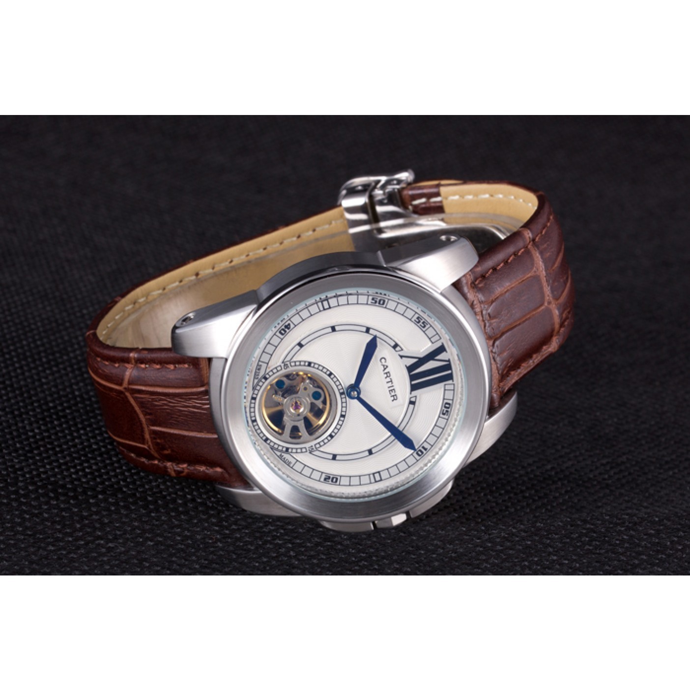MiroTime Cartier Calibre Flying Tourbillon White Dial Stainless Steel Case Brown Leather Bracelet
