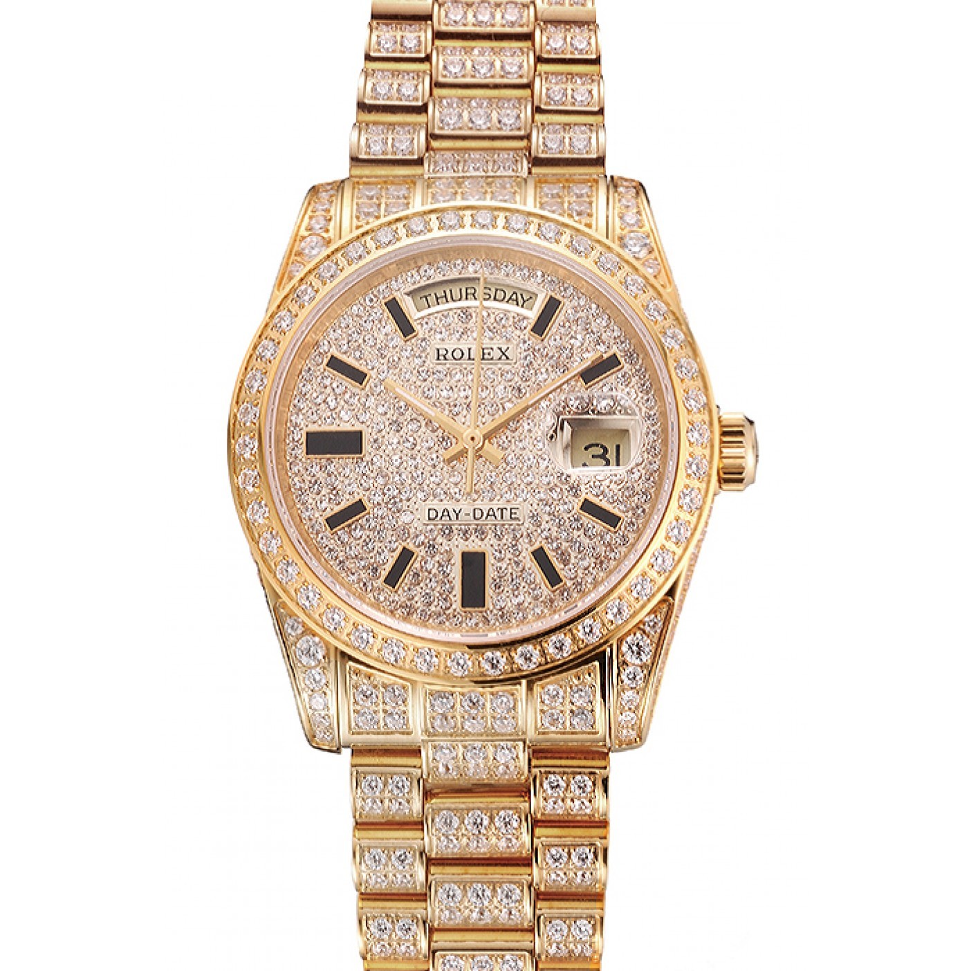 MiroTime Swiss Rolex Day Date Yellow Gold Full Diamond Pave