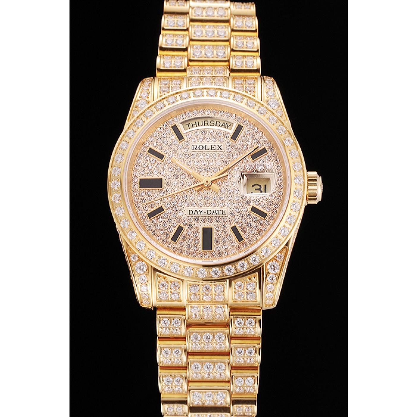 MiroTime Swiss Rolex Day Date Yellow Gold Full Diamond Pave