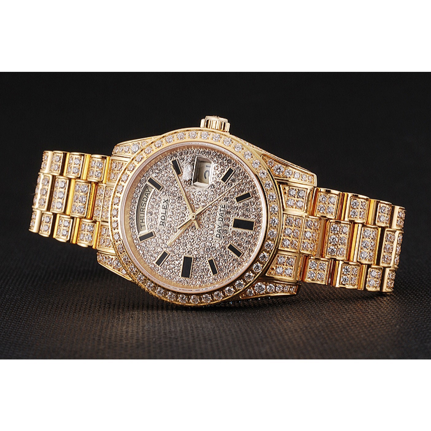 MiroTime Swiss Rolex Day Date Yellow Gold Full Diamond Pave