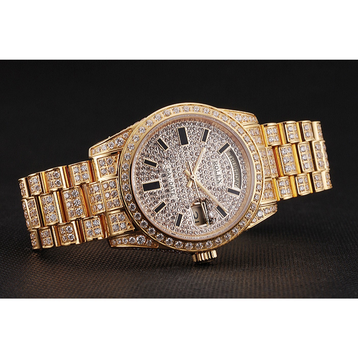 MiroTime Swiss Rolex Day Date Yellow Gold Full Diamond Pave