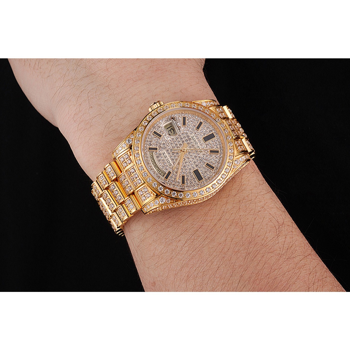 MiroTime Swiss Rolex Day Date Yellow Gold Full Diamond Pave