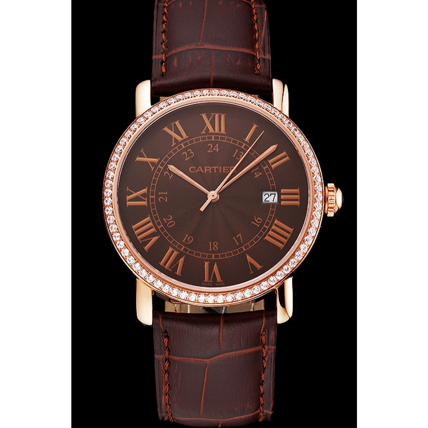 MiroTime Cartier Ronde Solo Brown Dial Diamond Bezel Rose Gold Case Brown Leather Strap