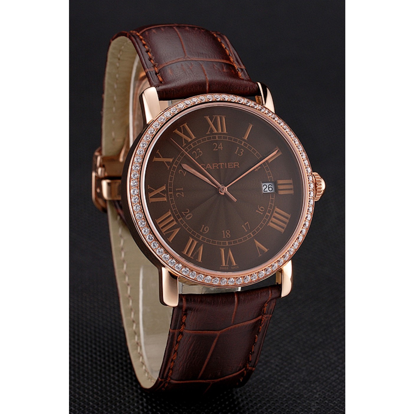 MiroTime Cartier Ronde Solo Brown Dial Diamond Bezel Rose Gold Case Brown Leather Strap