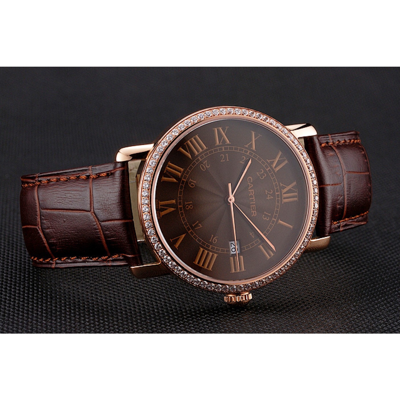 MiroTime Cartier Ronde Solo Brown Dial Diamond Bezel Rose Gold Case Brown Leather Strap