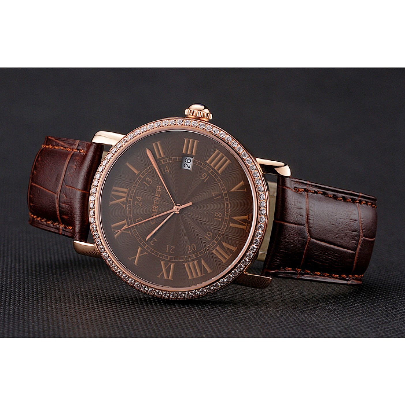 MiroTime Cartier Ronde Solo Brown Dial Diamond Bezel Rose Gold Case Brown Leather Strap