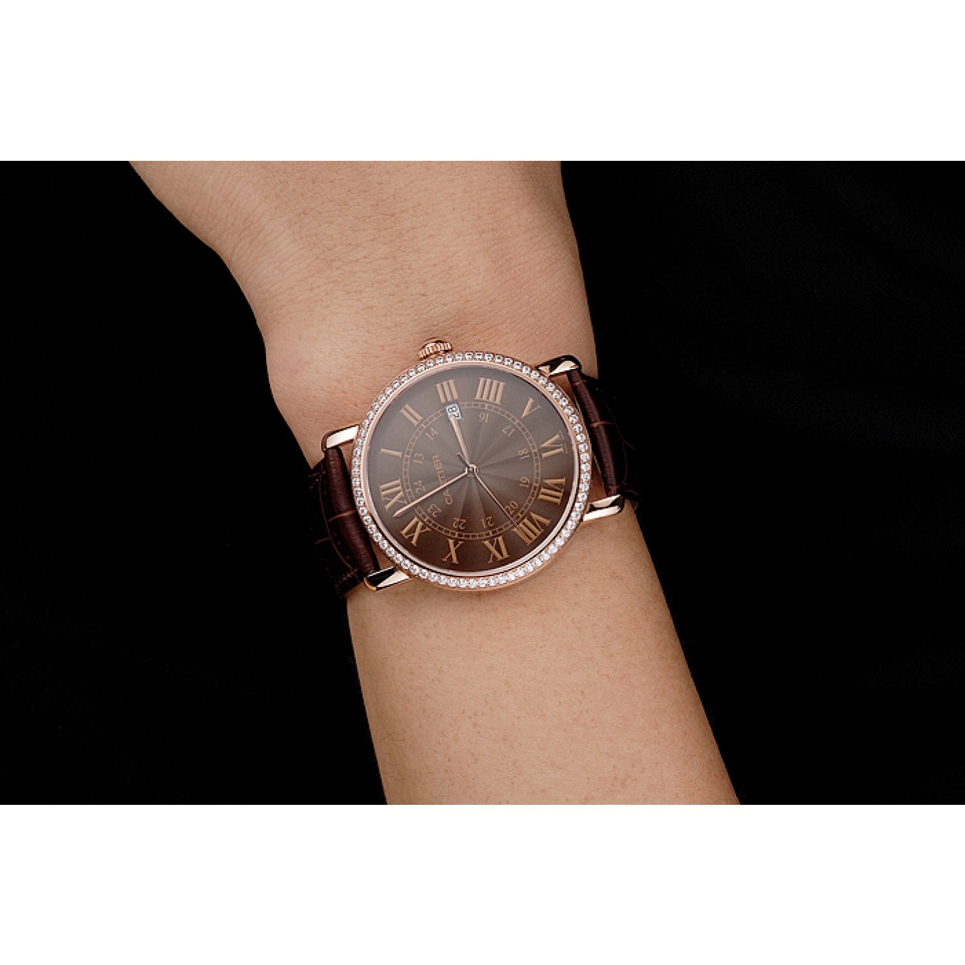 MiroTime Cartier Ronde Solo Brown Dial Diamond Bezel Rose Gold Case Brown Leather Strap