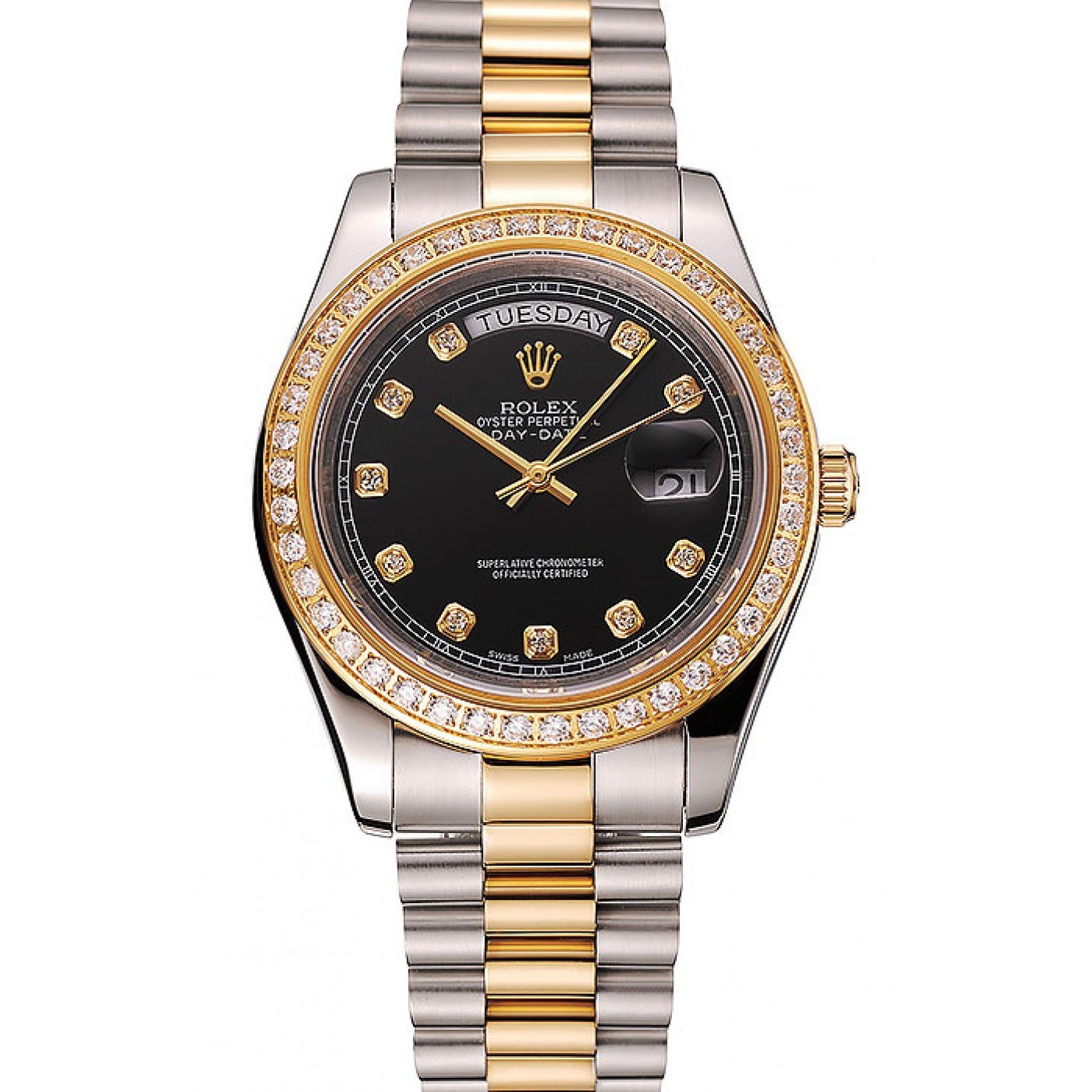 MiroTime Swiss Rolex Day-Date Black Dial Gold Diamond Case Two Tone Stainless Steel Bracelet 1453975