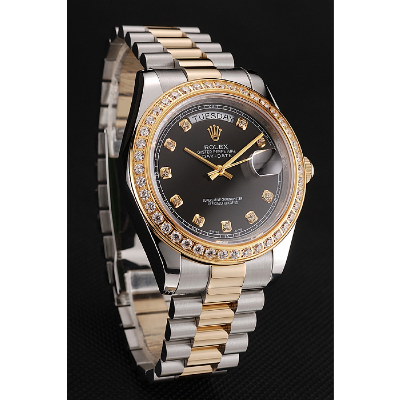 MiroTime Swiss Rolex Day-Date Black Dial Gold Diamond Case Two Tone Stainless Steel Bracelet 1453975