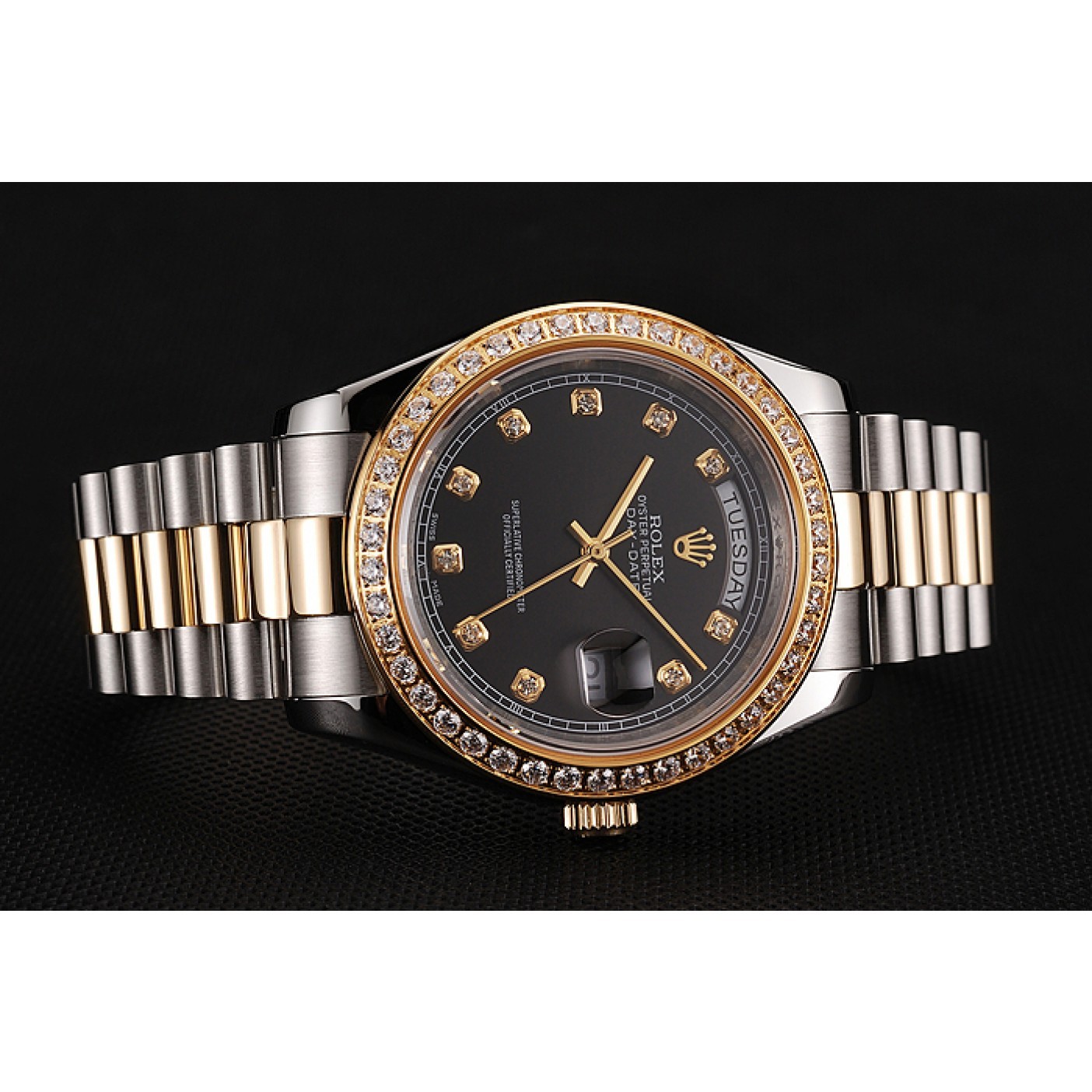 MiroTime Swiss Rolex Day-Date Black Dial Gold Diamond Case Two Tone Stainless Steel Bracelet 1453975