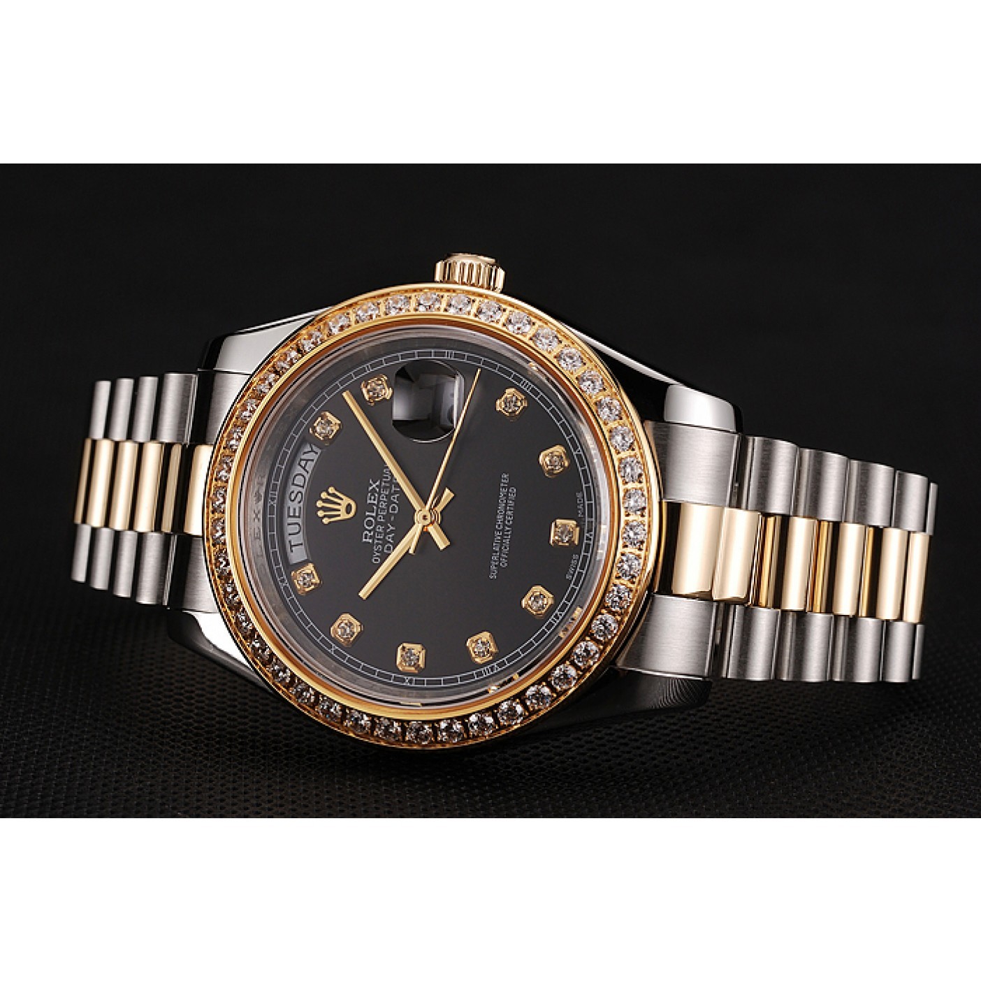 MiroTime Swiss Rolex Day-Date Black Dial Gold Diamond Case Two Tone Stainless Steel Bracelet 1453975