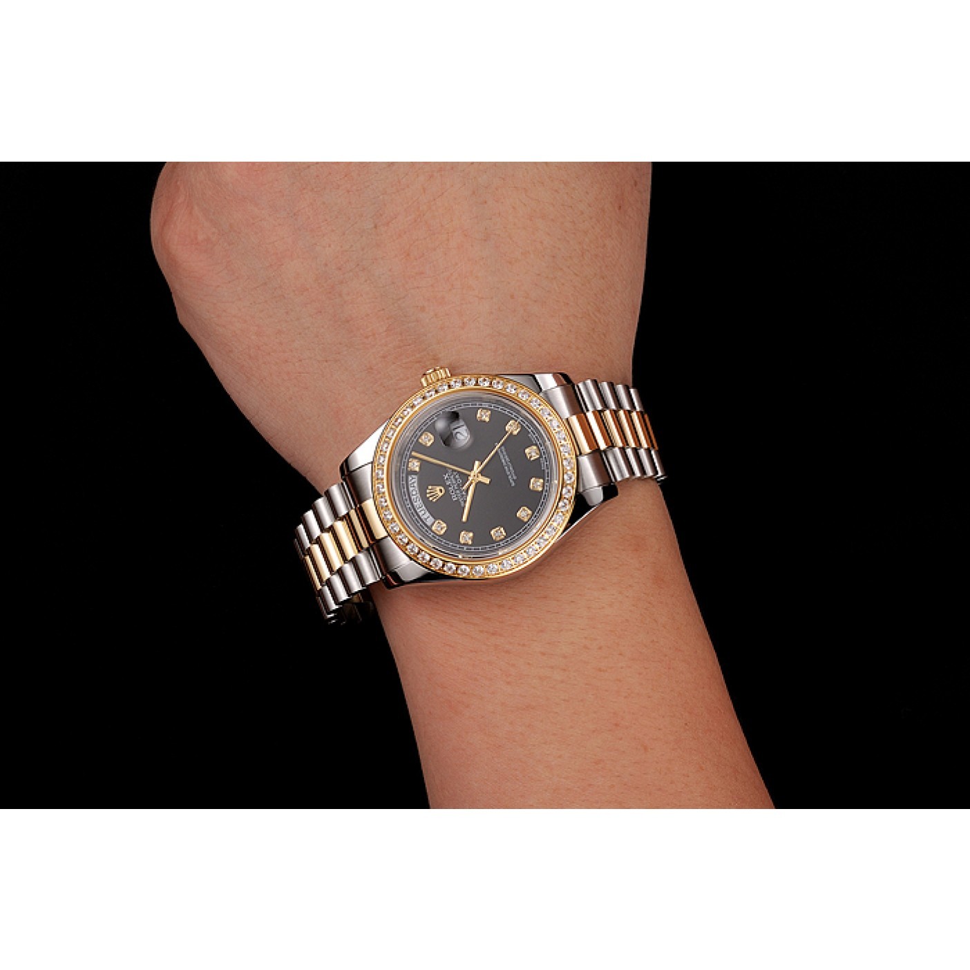 MiroTime Swiss Rolex Day-Date Black Dial Gold Diamond Case Two Tone Stainless Steel Bracelet 1453975