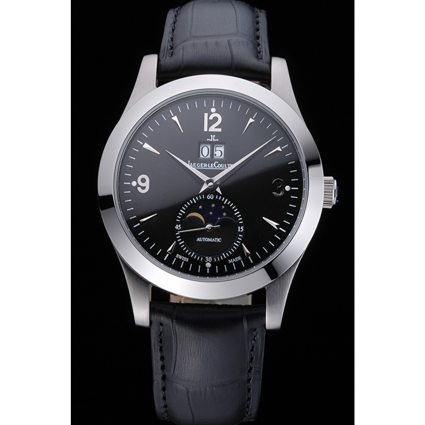 MiroTime Jaeger LeCoultre Master Black Dial Black Leather Band Stainless Steel Bezel 622079