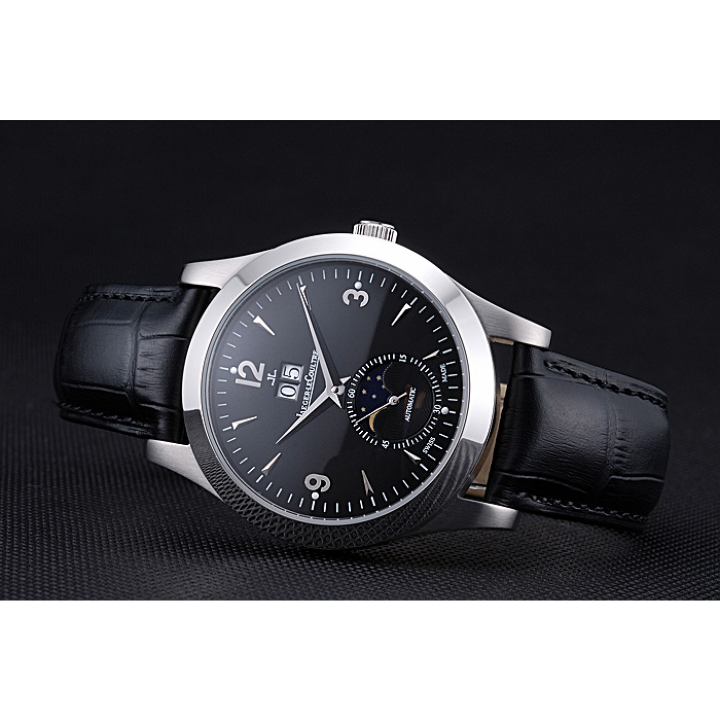 MiroTime Jaeger LeCoultre Master Black Dial Black Leather Band Stainless Steel Bezel 622079