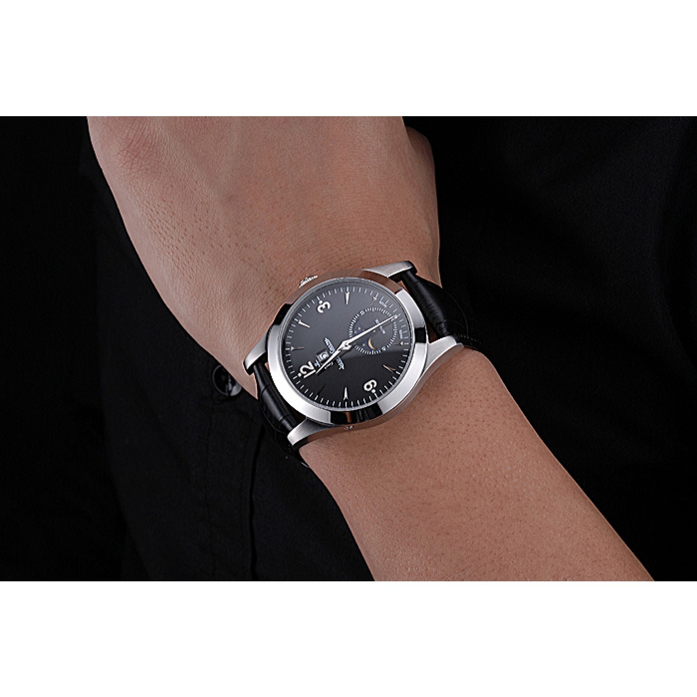 MiroTime Jaeger LeCoultre Master Black Dial Black Leather Band Stainless Steel Bezel 622079