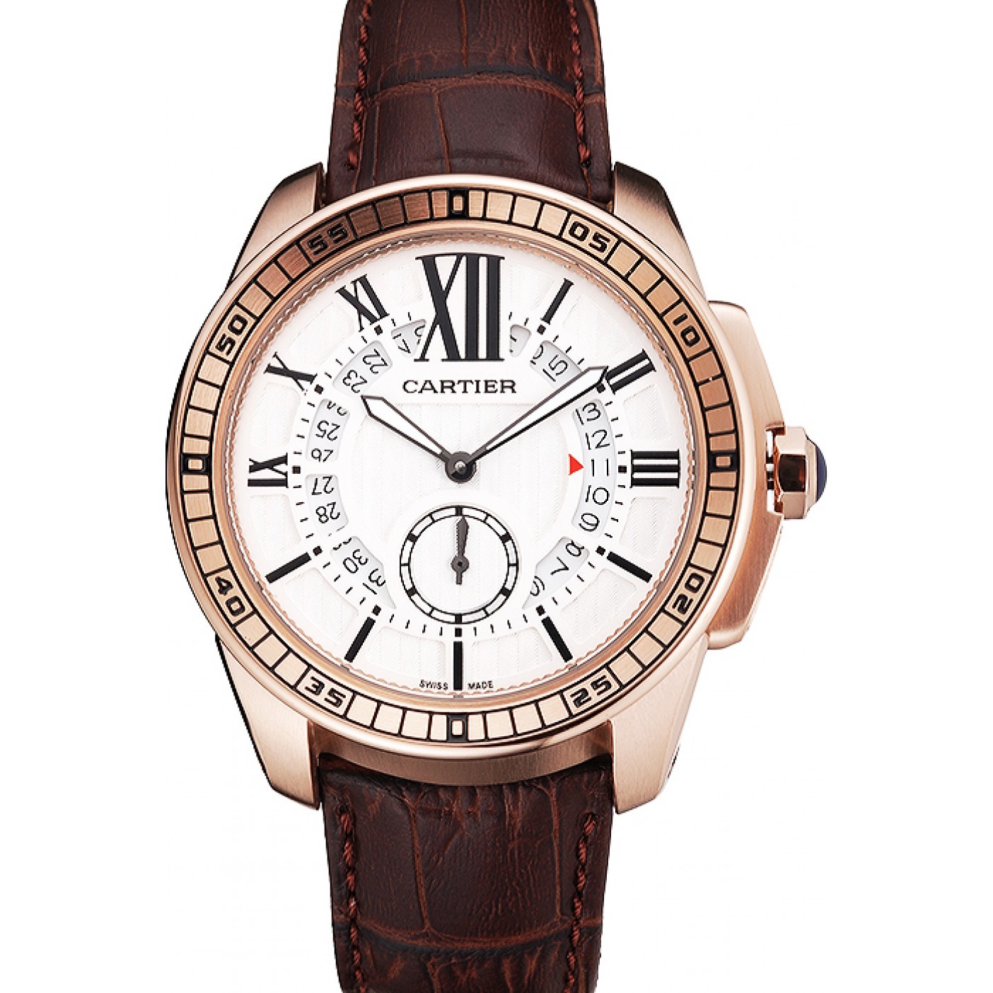 MiroTime Cartier Calibre De Cartier Small Seconds White Dial Rose Gold Case Brown Leather Strap