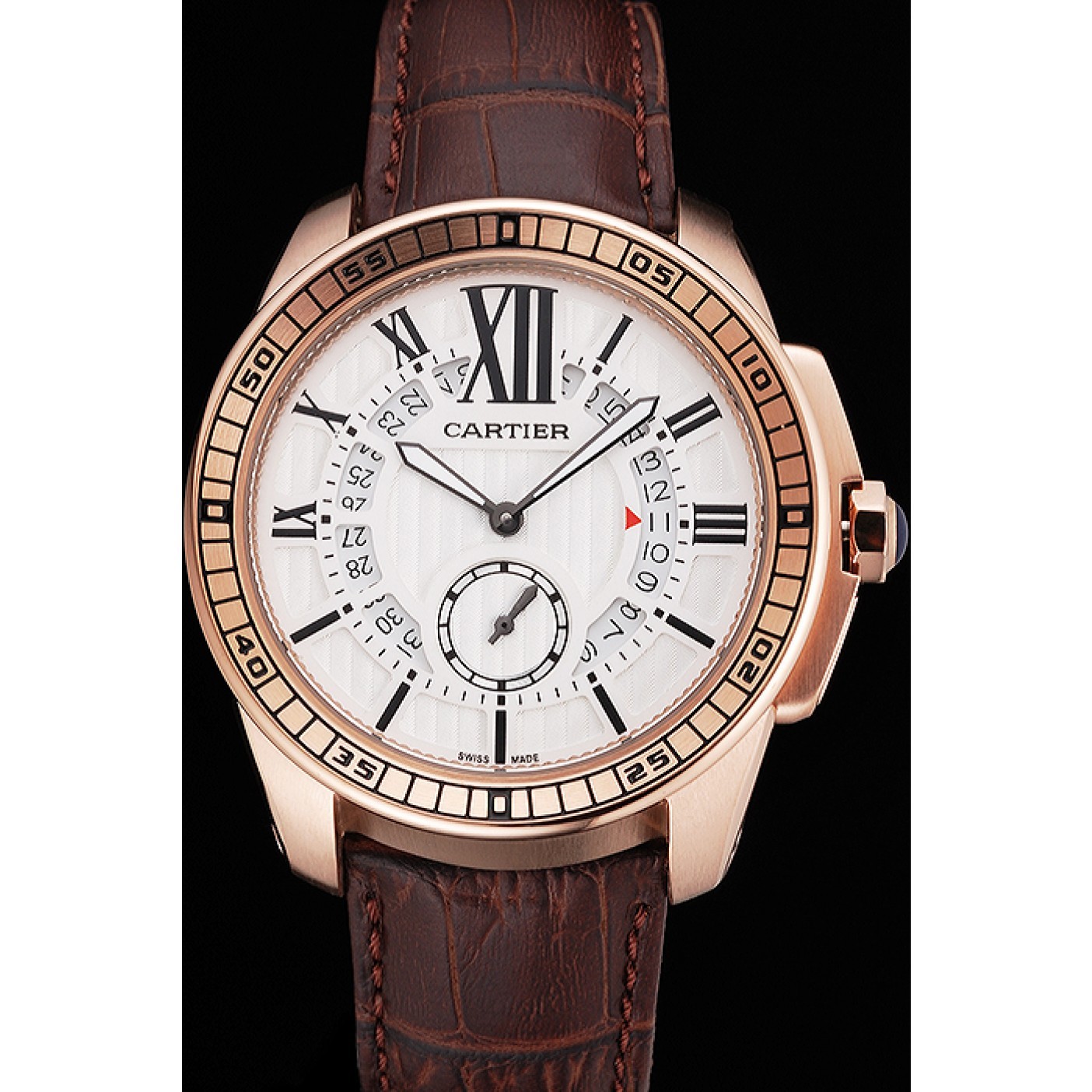 MiroTime Cartier Calibre De Cartier Small Seconds White Dial Rose Gold Case Brown Leather Strap