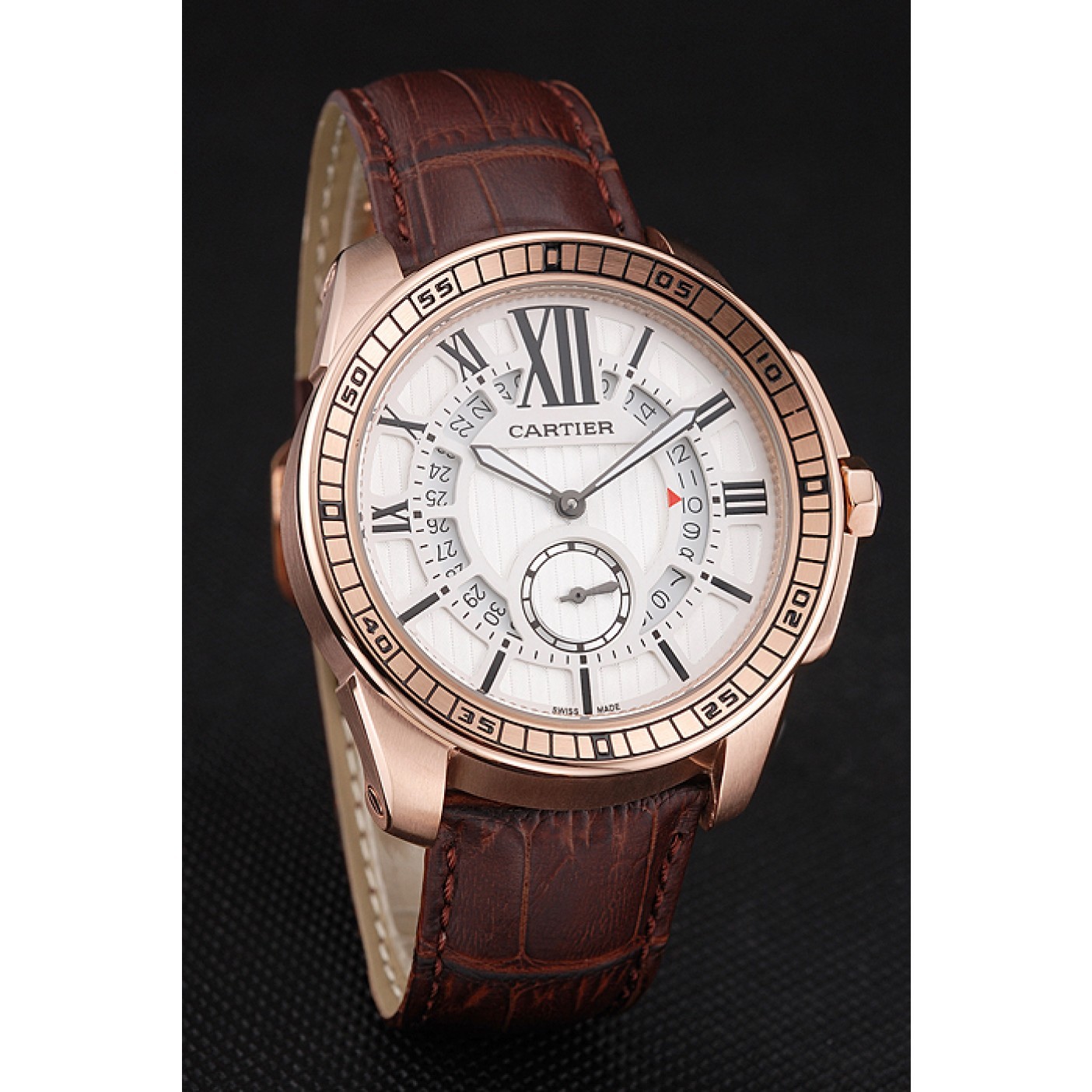 MiroTime Cartier Calibre De Cartier Small Seconds White Dial Rose Gold Case Brown Leather Strap
