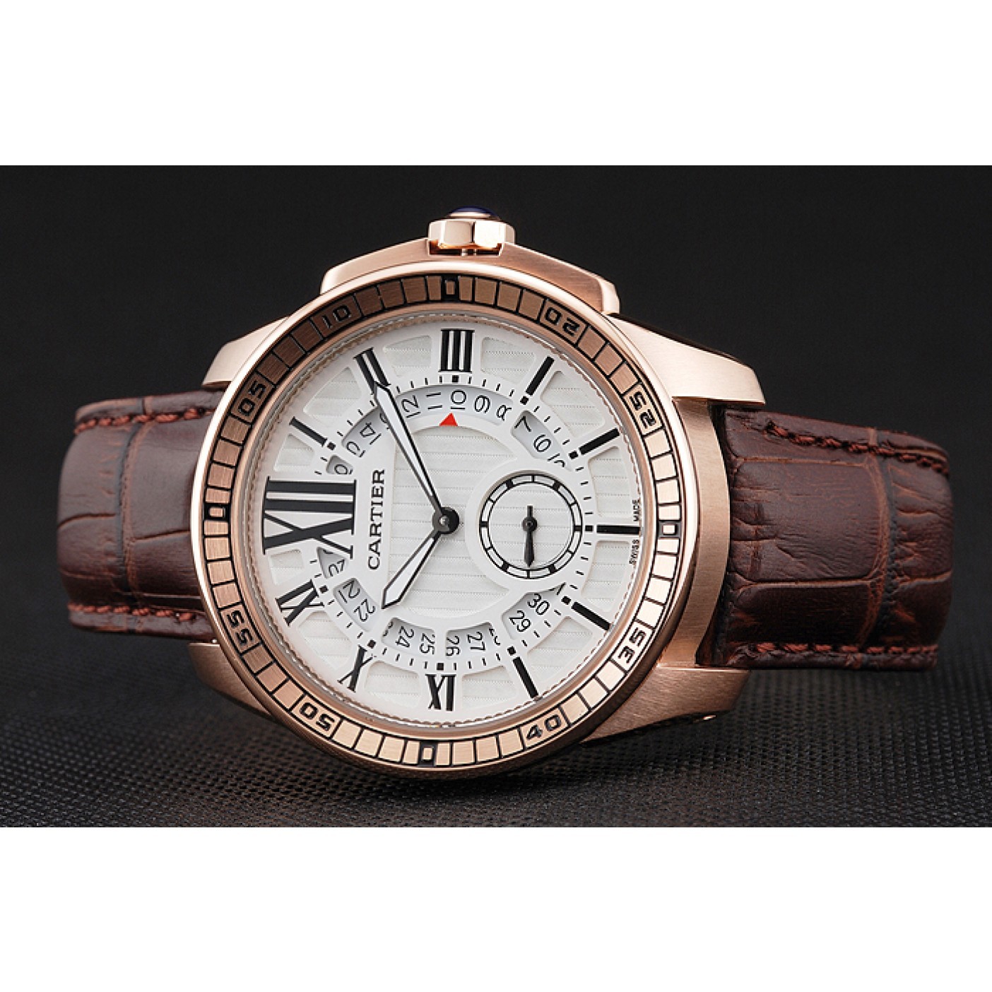 MiroTime Cartier Calibre De Cartier Small Seconds White Dial Rose Gold Case Brown Leather Strap