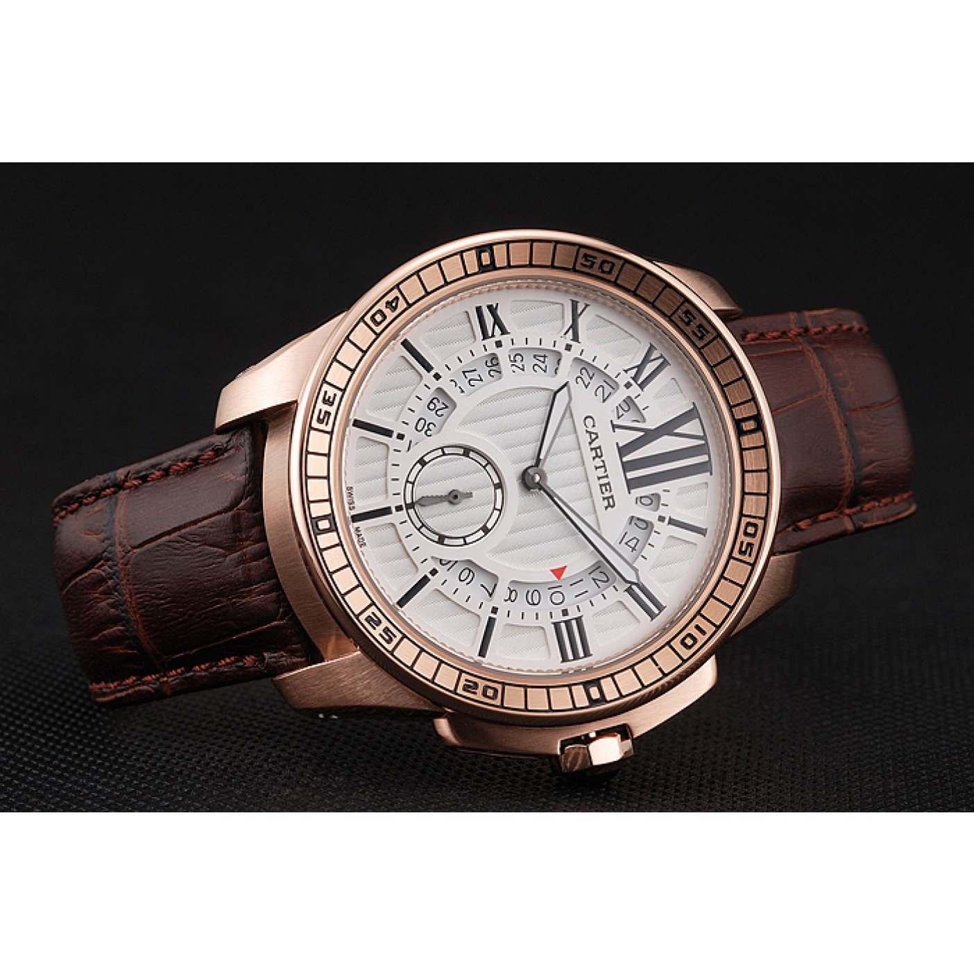 MiroTime Cartier Calibre De Cartier Small Seconds White Dial Rose Gold Case Brown Leather Strap