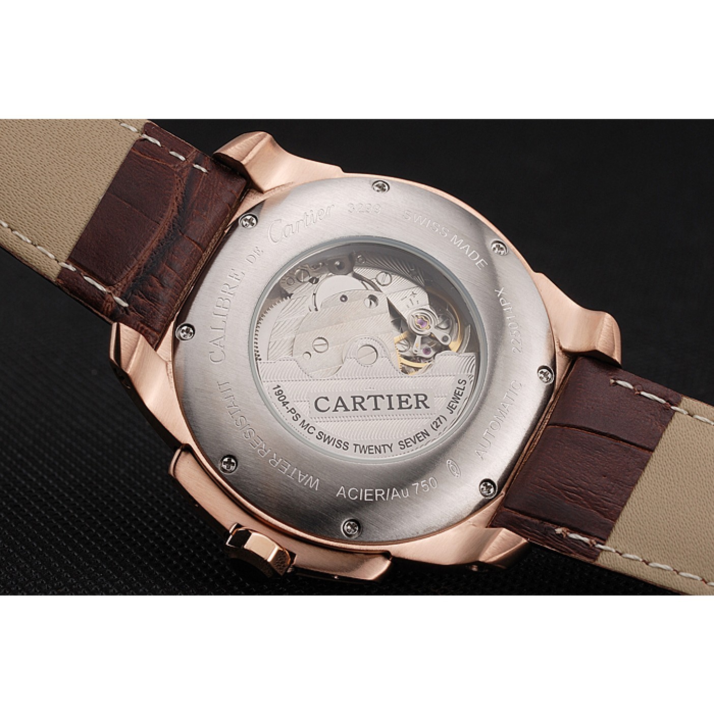 MiroTime Cartier Calibre De Cartier Small Seconds White Dial Rose Gold Case Brown Leather Strap