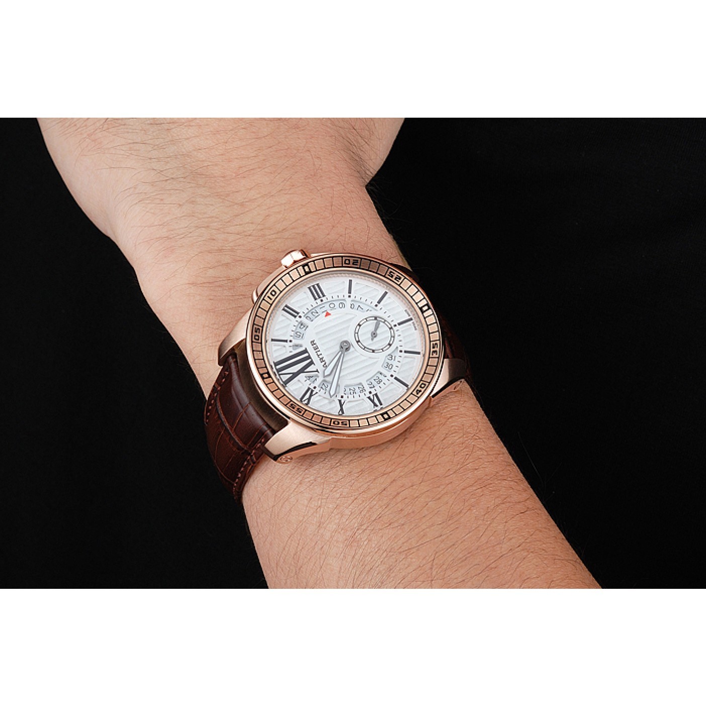 MiroTime Cartier Calibre De Cartier Small Seconds White Dial Rose Gold Case Brown Leather Strap