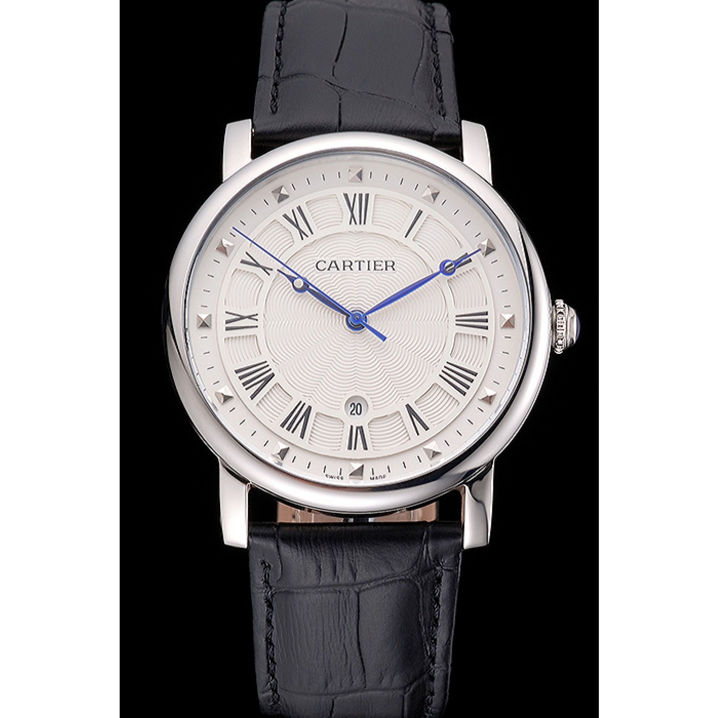 MiroTime Cartier Rotonde Date White Dial Stainless Steel Case Black Leather Strap
