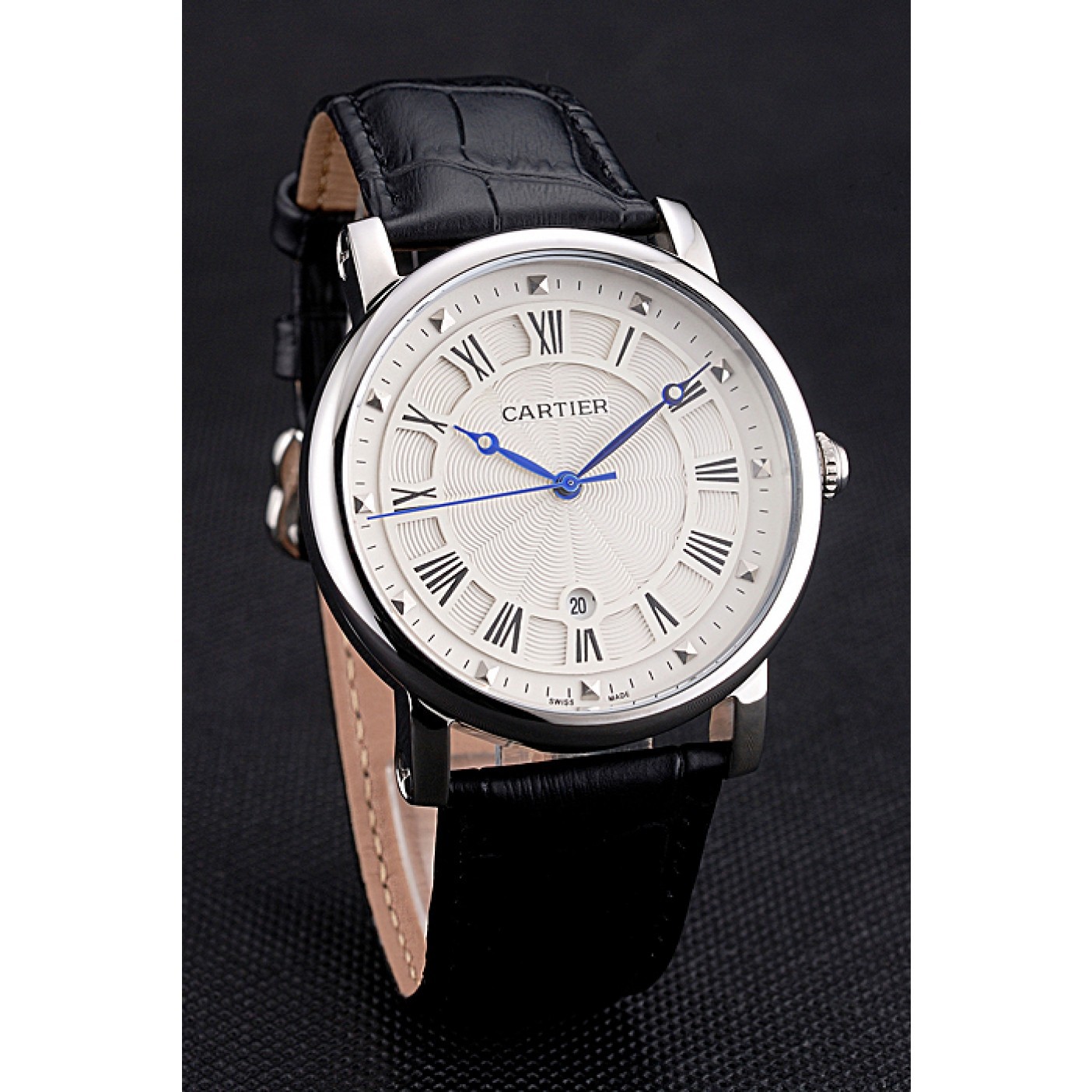 MiroTime Cartier Rotonde Date White Dial Stainless Steel Case Black Leather Strap