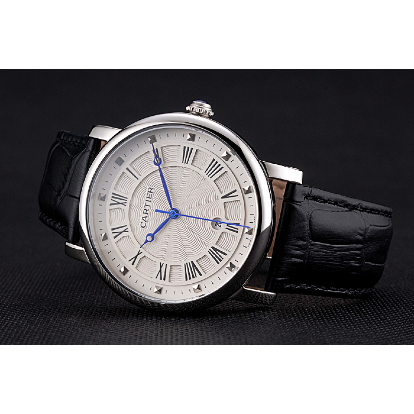 MiroTime Cartier Rotonde Date White Dial Stainless Steel Case Black Leather Strap
