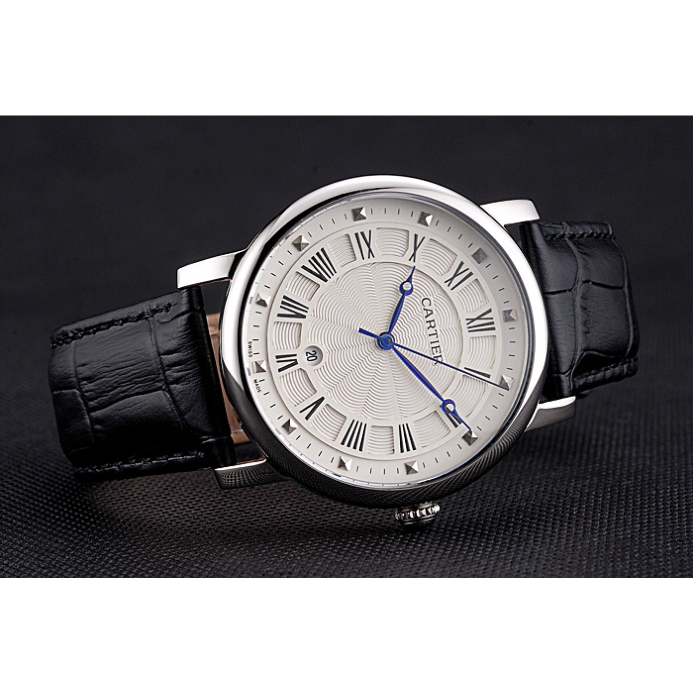 MiroTime Cartier Rotonde Date White Dial Stainless Steel Case Black Leather Strap