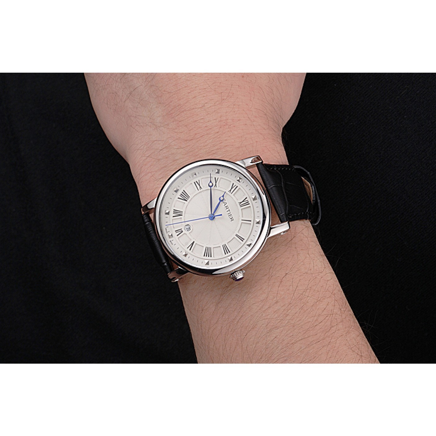 MiroTime Cartier Rotonde Date White Dial Stainless Steel Case Black Leather Strap