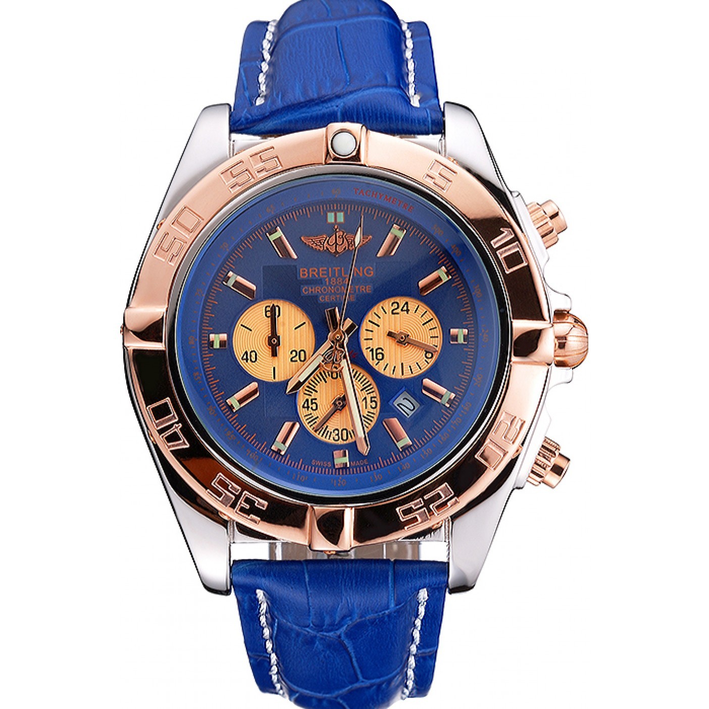MiroTime Breitling Chronomat Blue Dial Rose Gold Bezel And Subdials Stainless Steel Case Blue Leather Strap