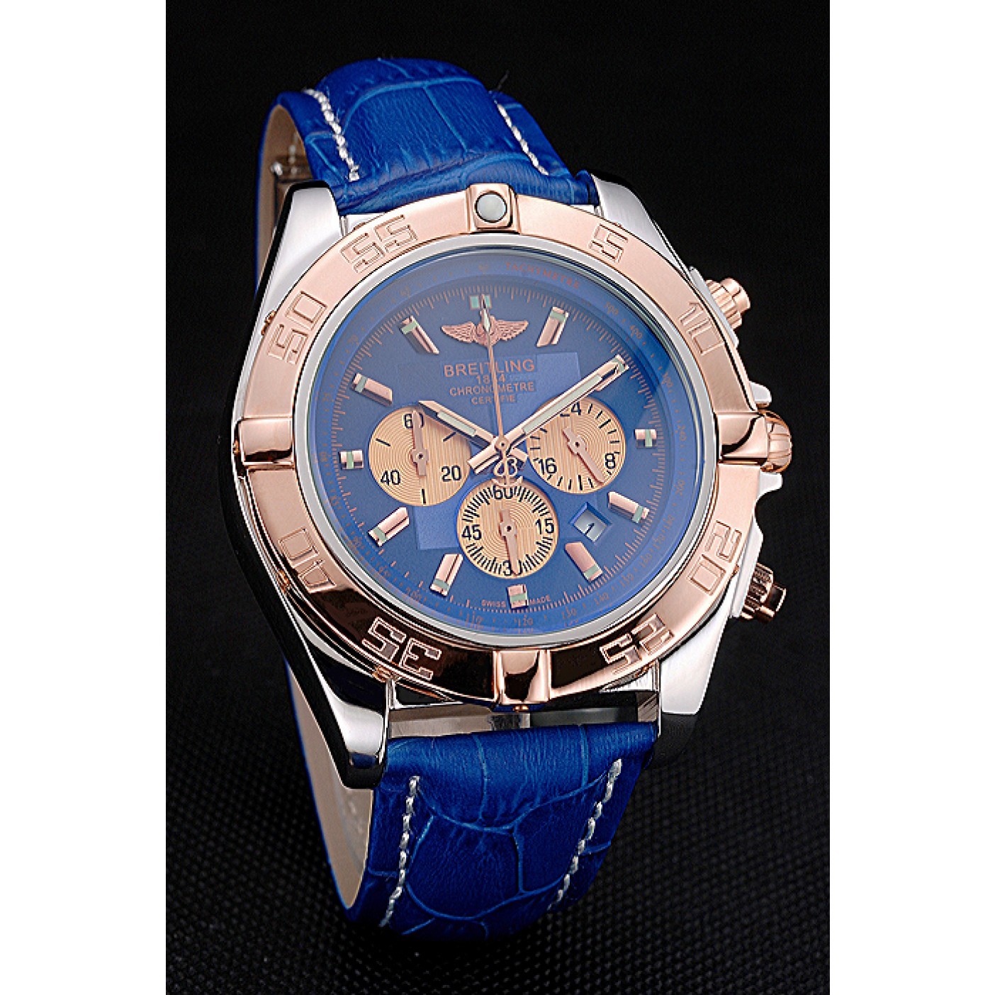 MiroTime Breitling Chronomat Blue Dial Rose Gold Bezel And Subdials Stainless Steel Case Blue Leather Strap