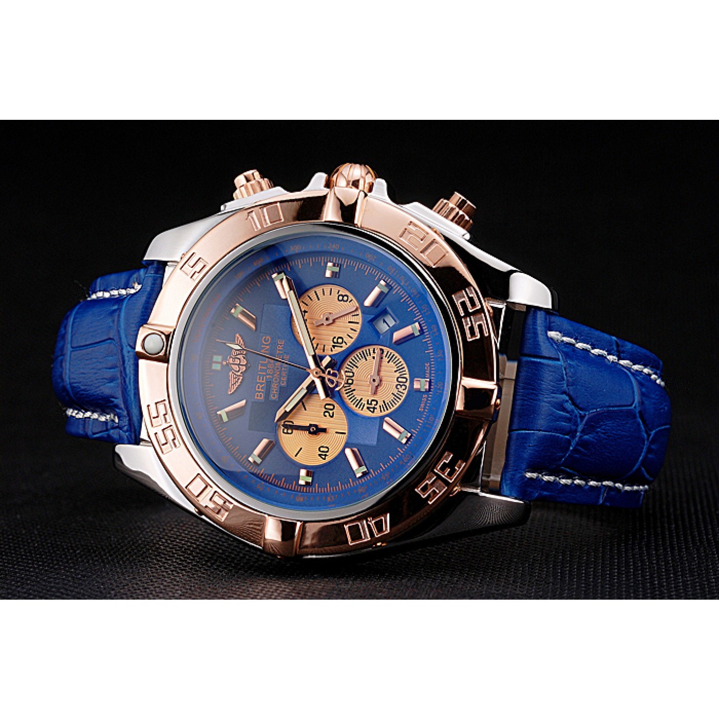 MiroTime Breitling Chronomat Blue Dial Rose Gold Bezel And Subdials Stainless Steel Case Blue Leather Strap