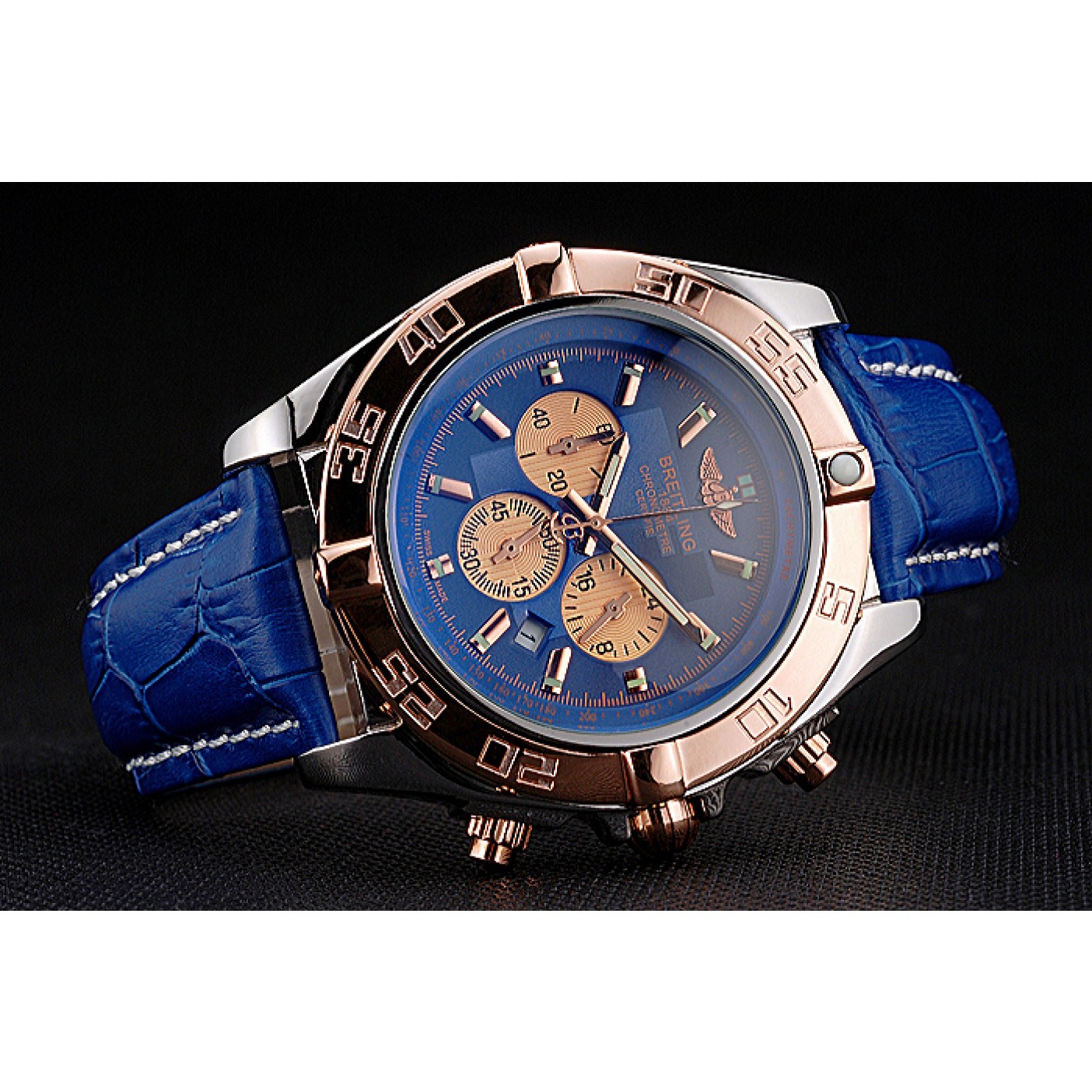 MiroTime Breitling Chronomat Blue Dial Rose Gold Bezel And Subdials Stainless Steel Case Blue Leather Strap