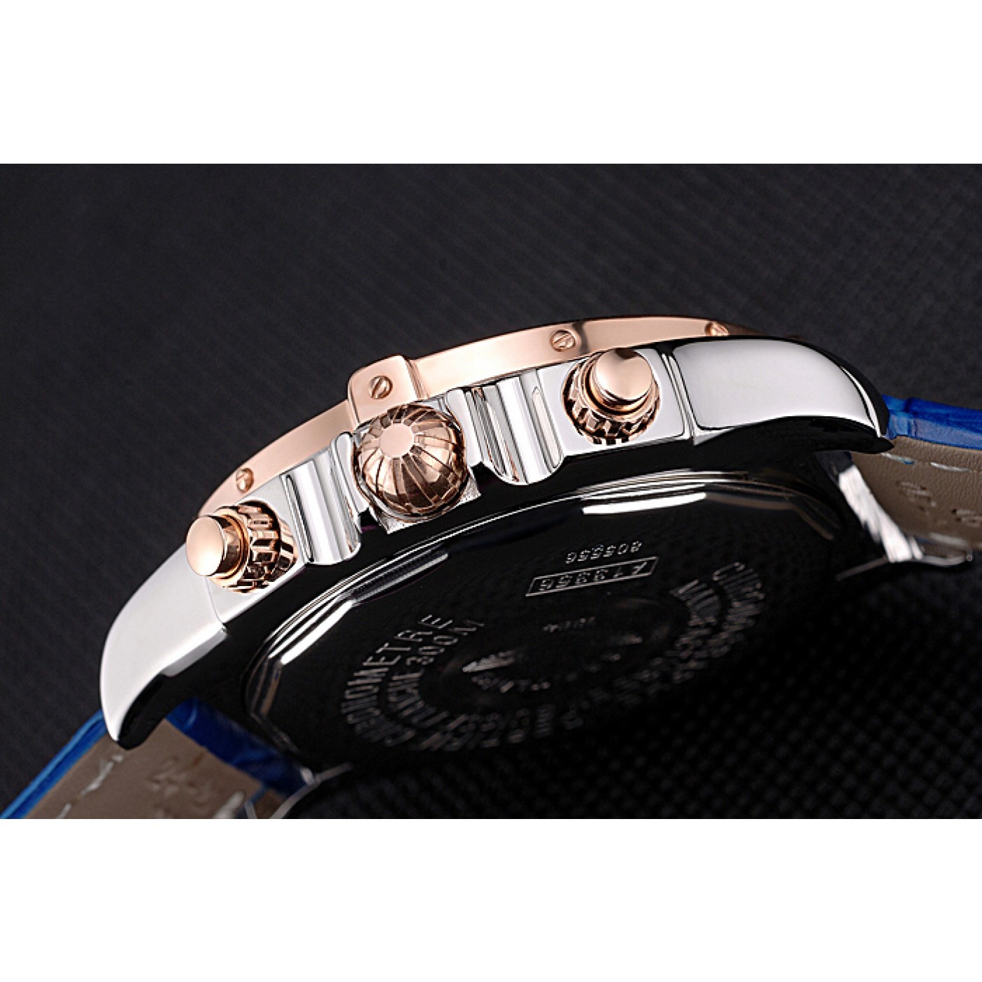 MiroTime Breitling Chronomat Blue Dial Rose Gold Bezel And Subdials Stainless Steel Case Blue Leather Strap