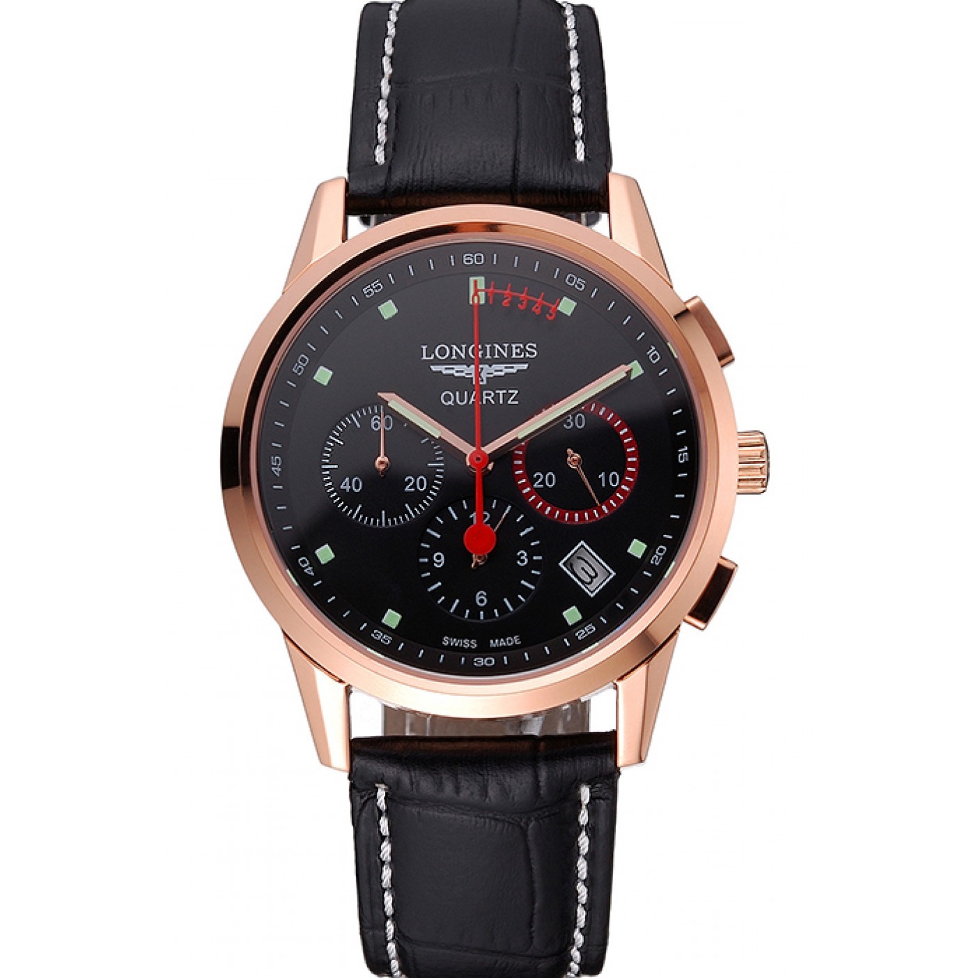 MiroTime Longines Column Wheel Black Dial Gold Case Black Leather Strap