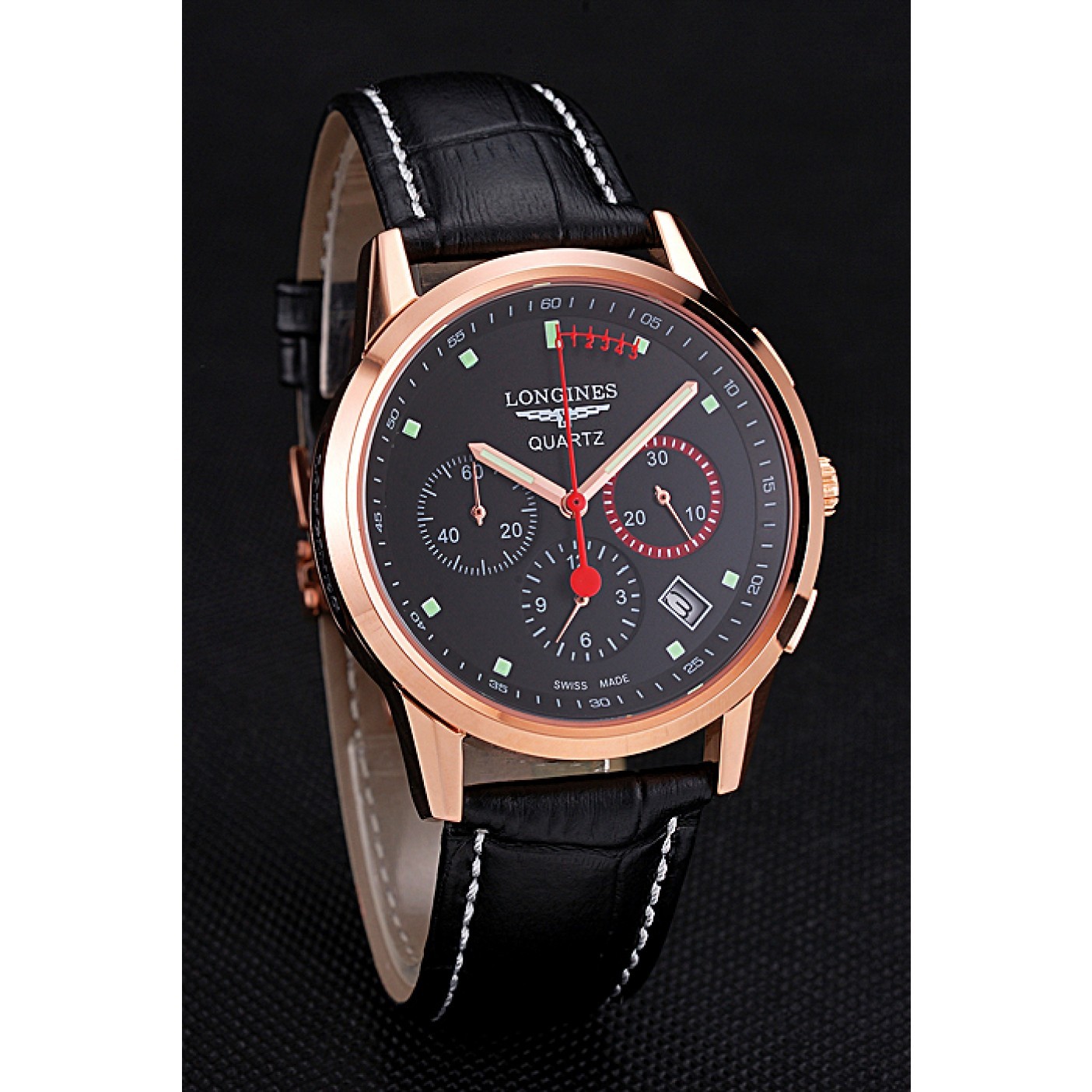 MiroTime Longines Column Wheel Black Dial Gold Case Black Leather Strap
